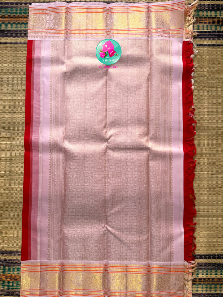 Imperial Radiance: Pure Red Kanchivaram Silk Saree &amp; Pastel Pink Hand-Embroidered Blouse