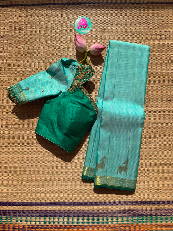 The Cerulean Forest: Light Blue & Emerald Green Handloom Kanchipattu
