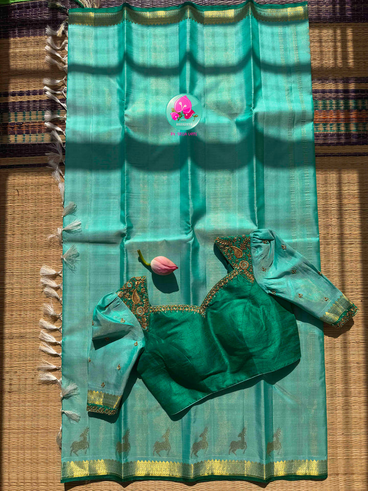 The Cerulean Forest: Light Blue & Emerald Green Handloom Kanchipattu