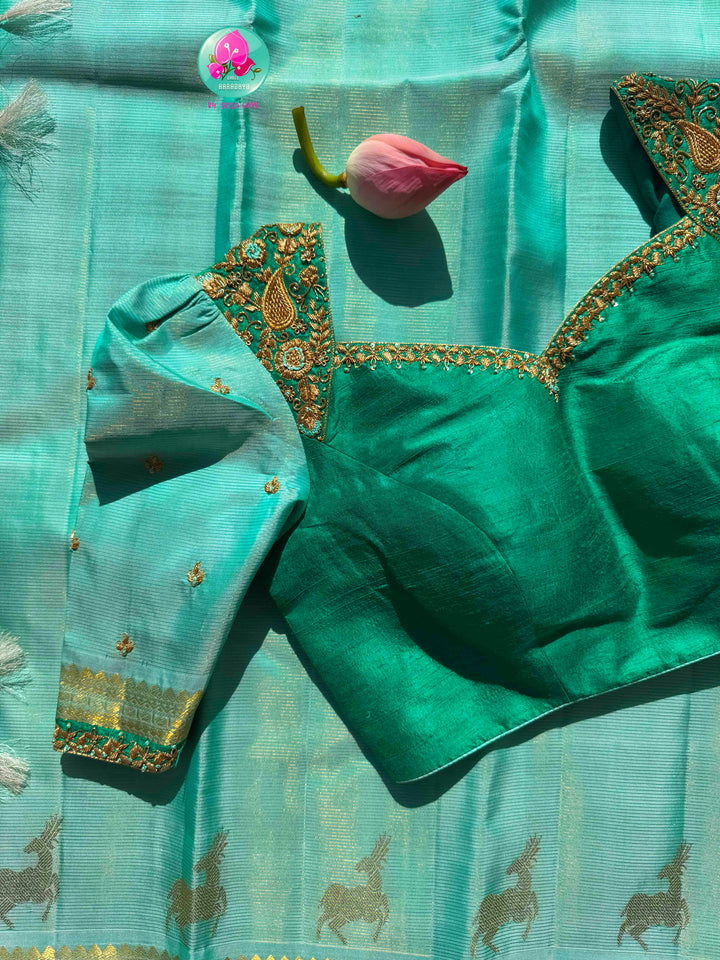 The Cerulean Forest: Light Blue & Emerald Green Handloom Kanchipattu