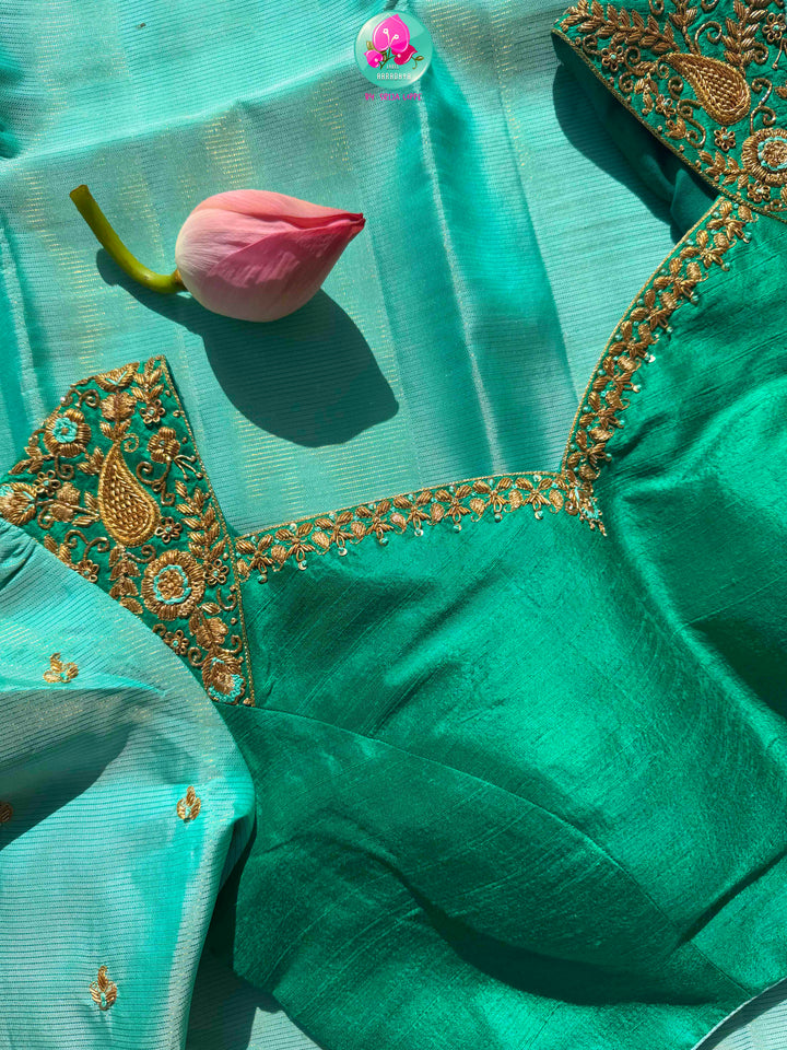 The Cerulean Forest: Light Blue & Emerald Green Handloom Kanchipattu