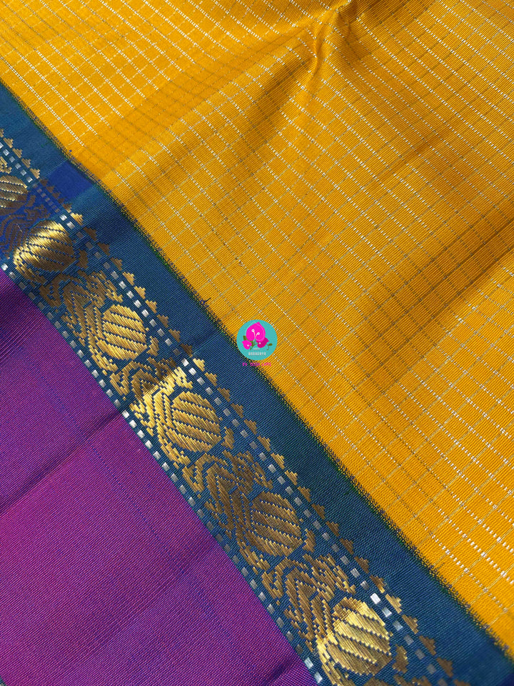 Kanchipuram saree in yellow Vaira Oosi Check, with fine 2g Zari