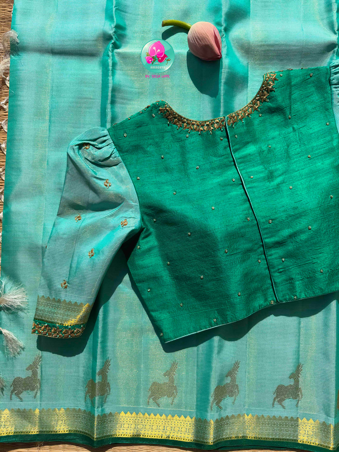 The Cerulean Forest: Light Blue & Emerald Green Handloom Kanchipattu