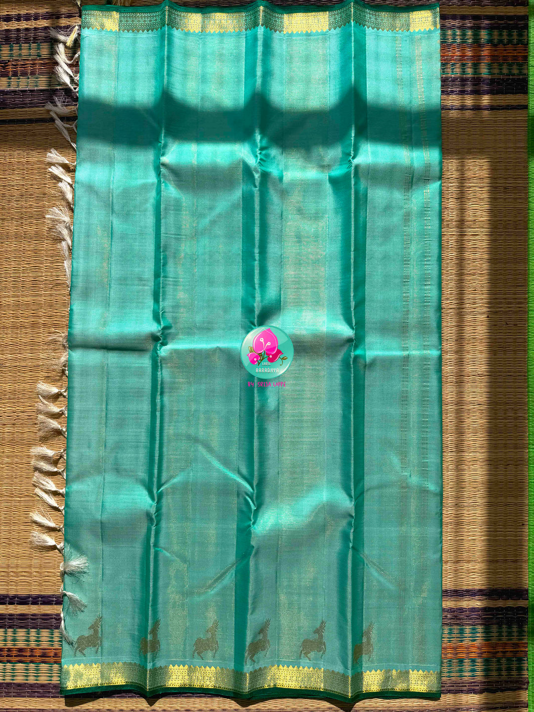 The Cerulean Forest: Light Blue & Emerald Green Handloom Kanchipattu