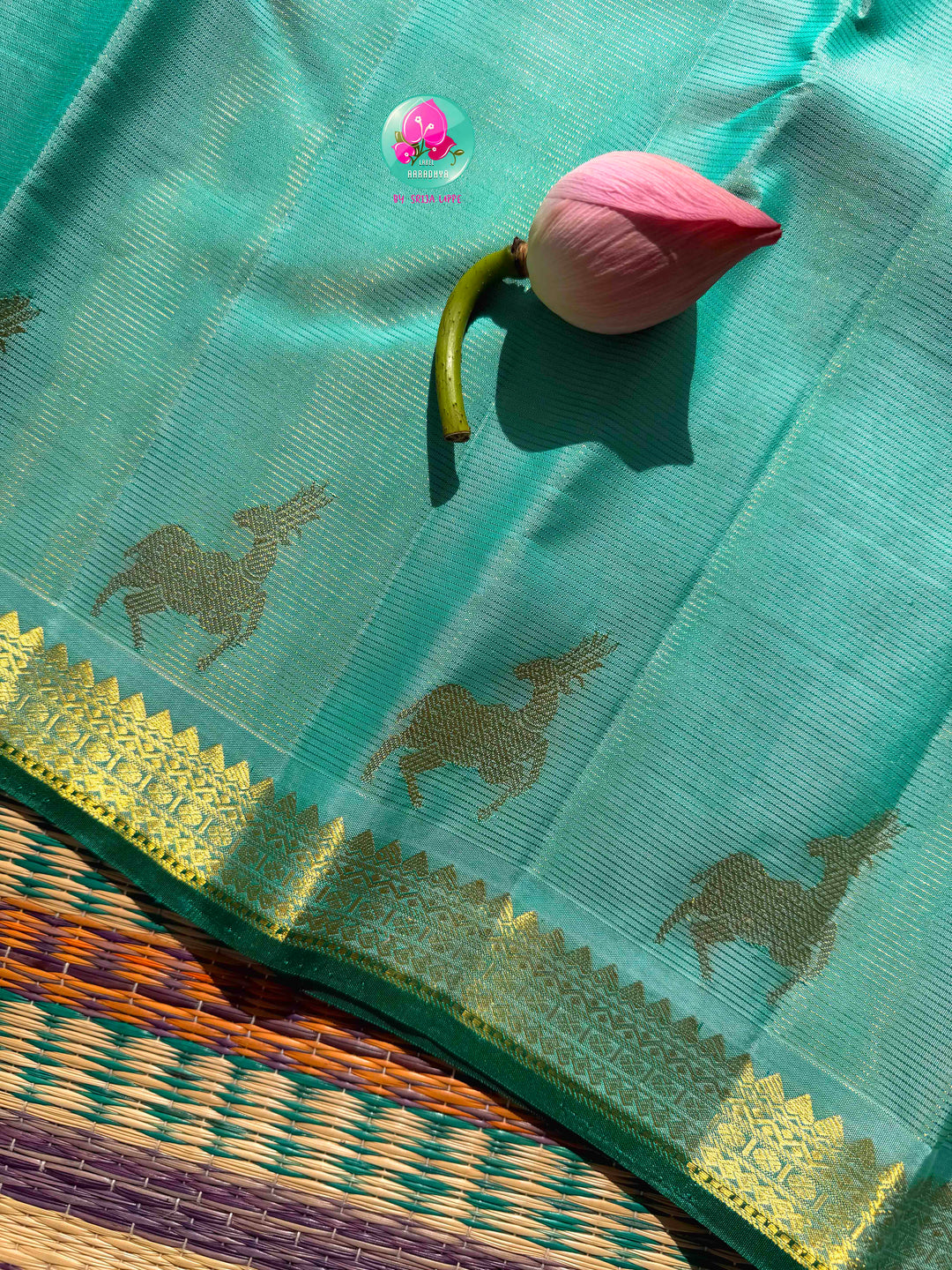 The Cerulean Forest: Light Blue & Emerald Green Handloom Kanchipattu