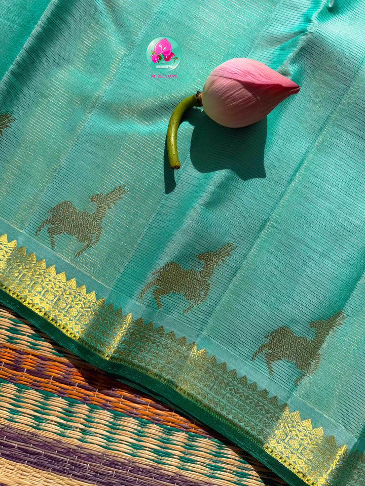 The Cerulean Forest: Light Blue & Emerald Green Handloom Kanchipattu
