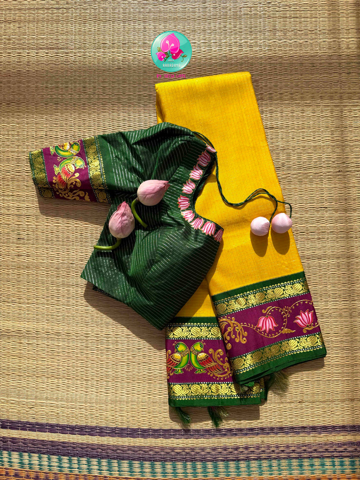 Gilded Sunshine: The Yellow Vaira Oosi Kanchipuram & Tanjore Artistry Symphony