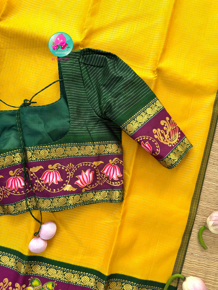 Gilded Sunshine: The Yellow Vaira Oosi Kanchipuram & Tanjore Artistry Symphony