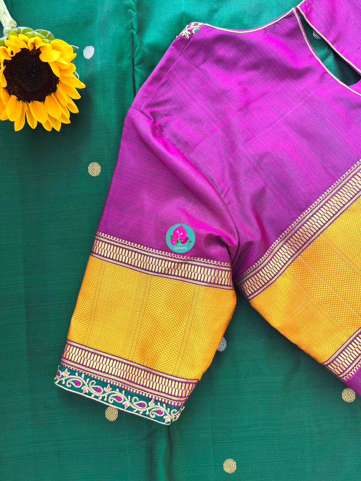Pure Kanchipattu treasure Bottle green saree with hand embroidered purplish pink blouse