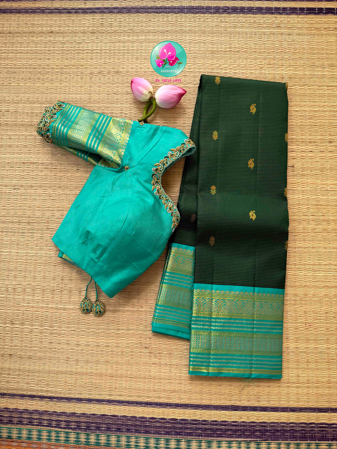 The Verdant Needle-Stream: Bottle Green & Light Blue Vaira Oosi Kanchipattu