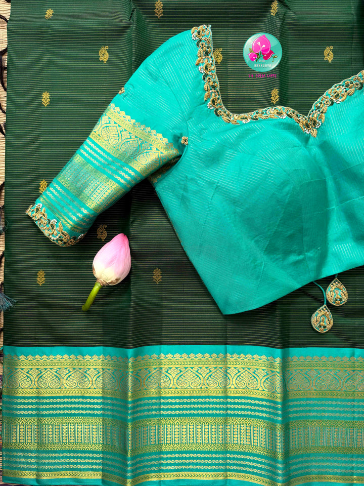 The Verdant Needle-Stream: Bottle Green & Light Blue Vaira Oosi Kanchipattu