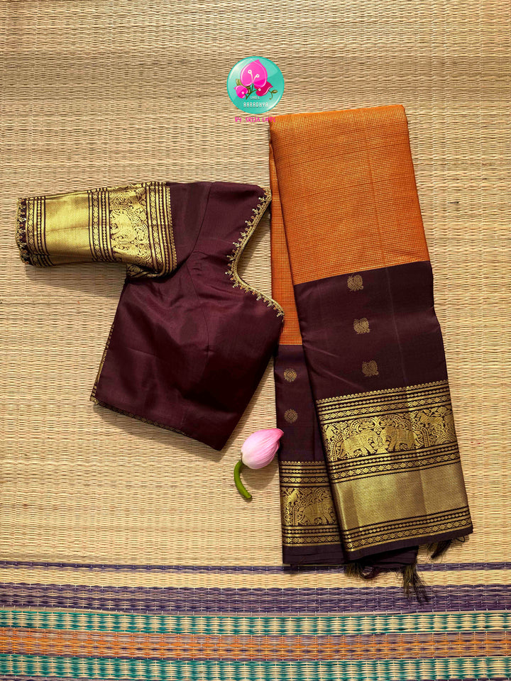 Earth & Ember: The Trending Rust Orange & Dark Brown Handloom Kanchipattu