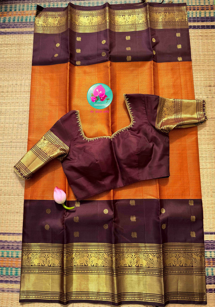 Earth & Ember: The Trending Rust Orange & Dark Brown Handloom Kanchipattu