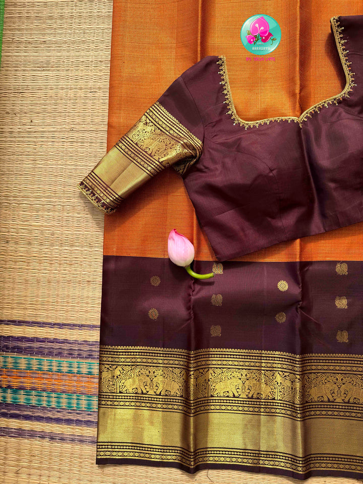 Earth & Ember: The Trending Rust Orange & Dark Brown Handloom Kanchipattu
