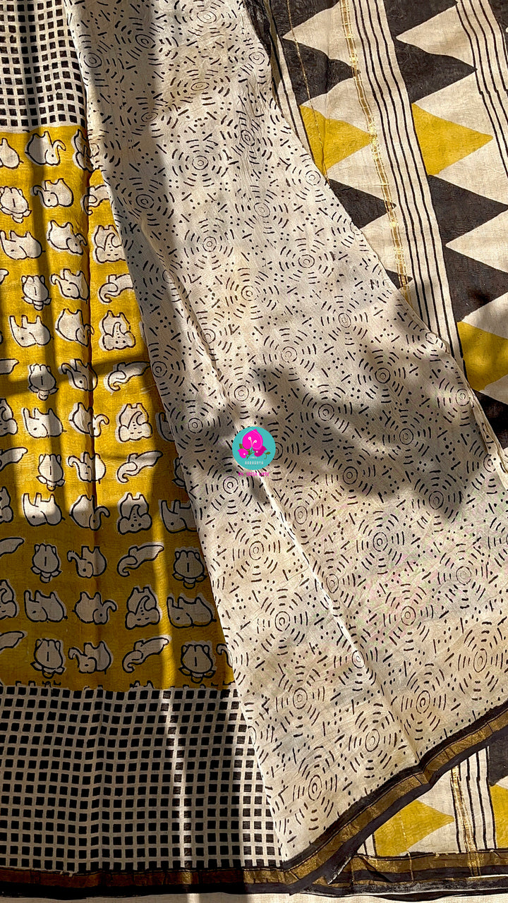 Pure Chanderi block print saree in elephant design