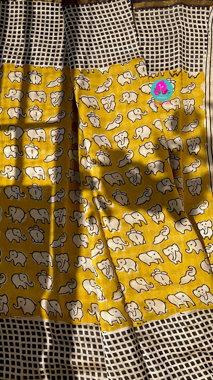 Pure Chanderi block print saree in elephant design