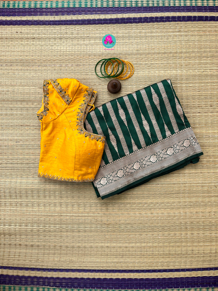 Bottle Green Pure Banarasi Katan Silk Saree Paired with Mustard Orange Blouse