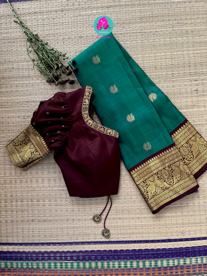 Pure Peacock green Kanchipattu handloom saree with hand embroidered long sleeves blouse