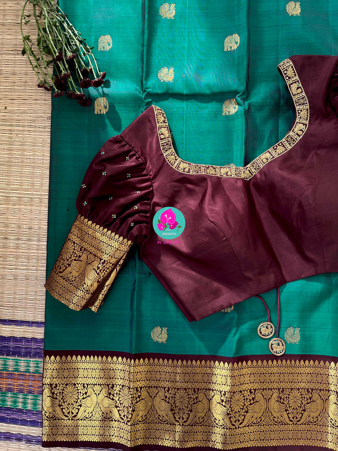 Pure Peacock green Kanchipattu handloom saree with hand embroidered long sleeves blouse