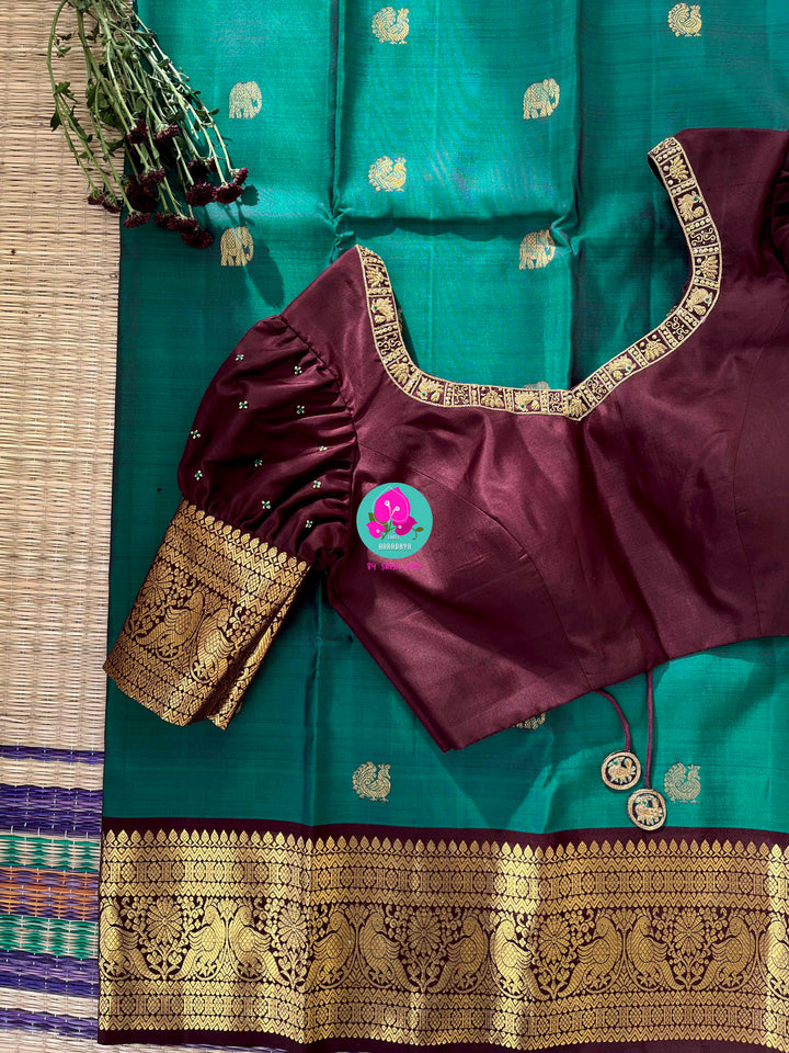 Pure Peacock green Kanchipattu handloom saree with hand embroidered long sleeves blouse