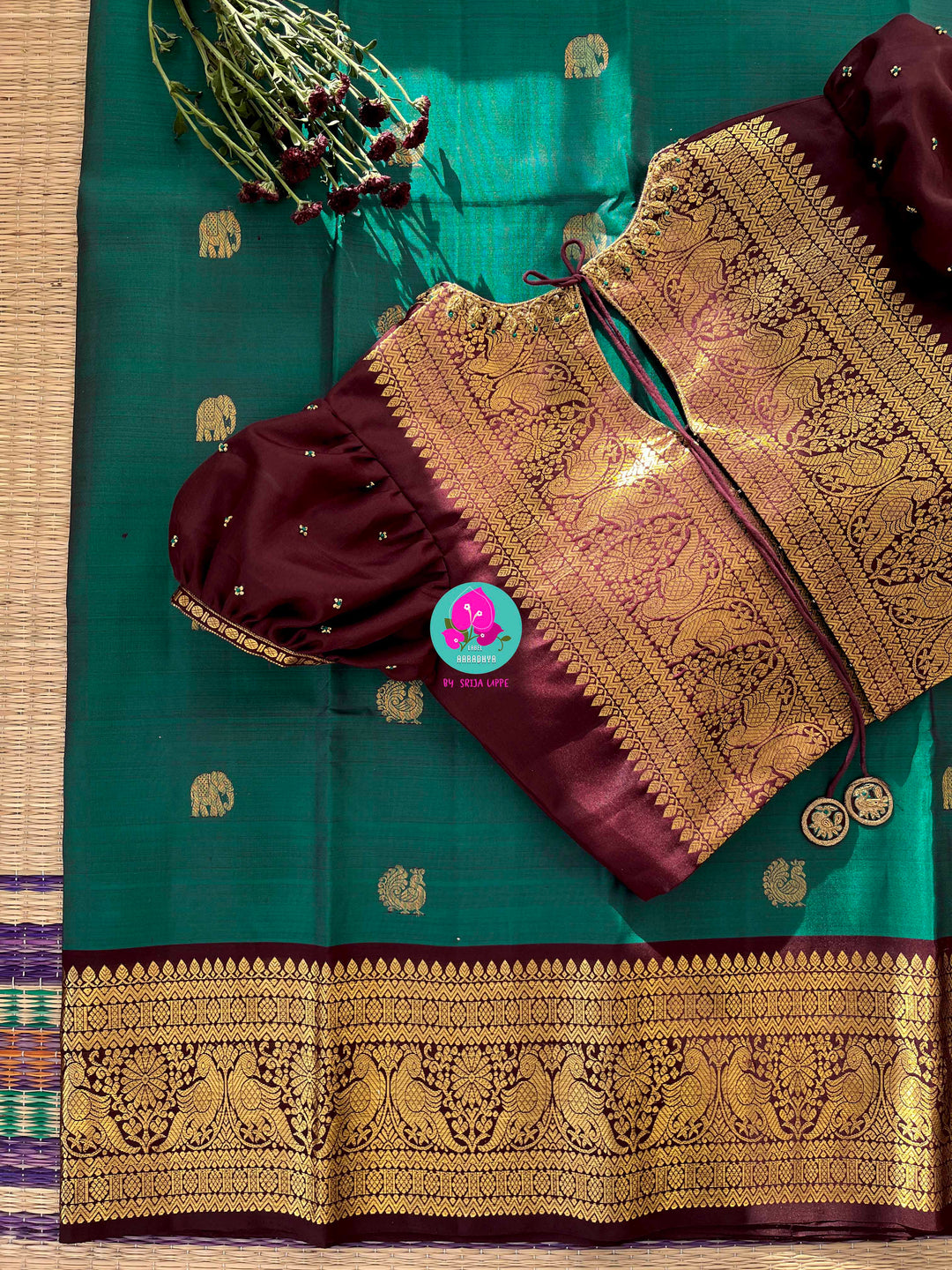 Pure Peacock green Kanchipattu handloom saree with hand embroidered short sleeves blouse