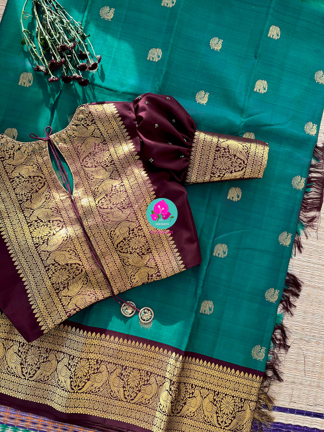 Pure Peacock green Kanchipattu handloom saree with hand embroidered long sleeves blouse