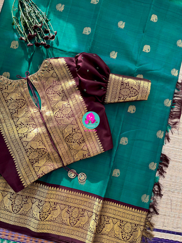 Pure Peacock green Kanchipattu handloom saree with hand embroidered long sleeves blouse