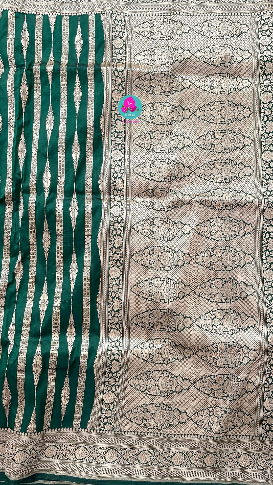 Bottle Green Pure Banarasi Katan Silk Saree Paired with Mustard Orange Blouse