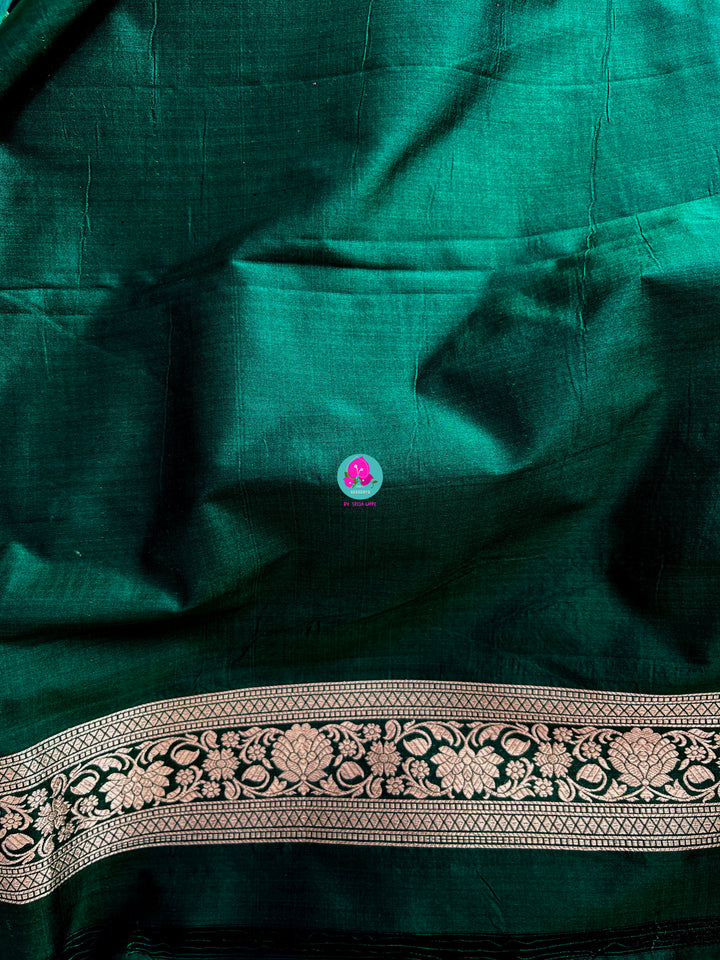 Bottle Green Pure Banarasi Katan Silk Saree Paired with Mustard Orange Blouse