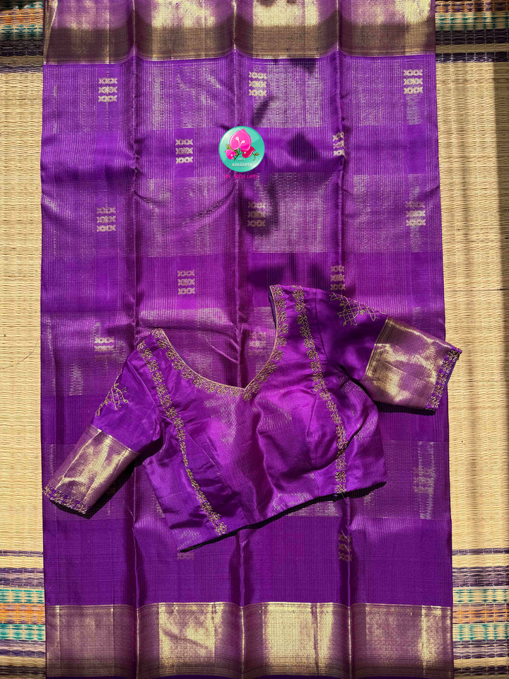 Royal Amethyst: The Purple Vaira Oosi Kanchipattu & Kolam Hand Embroidery Symphony
