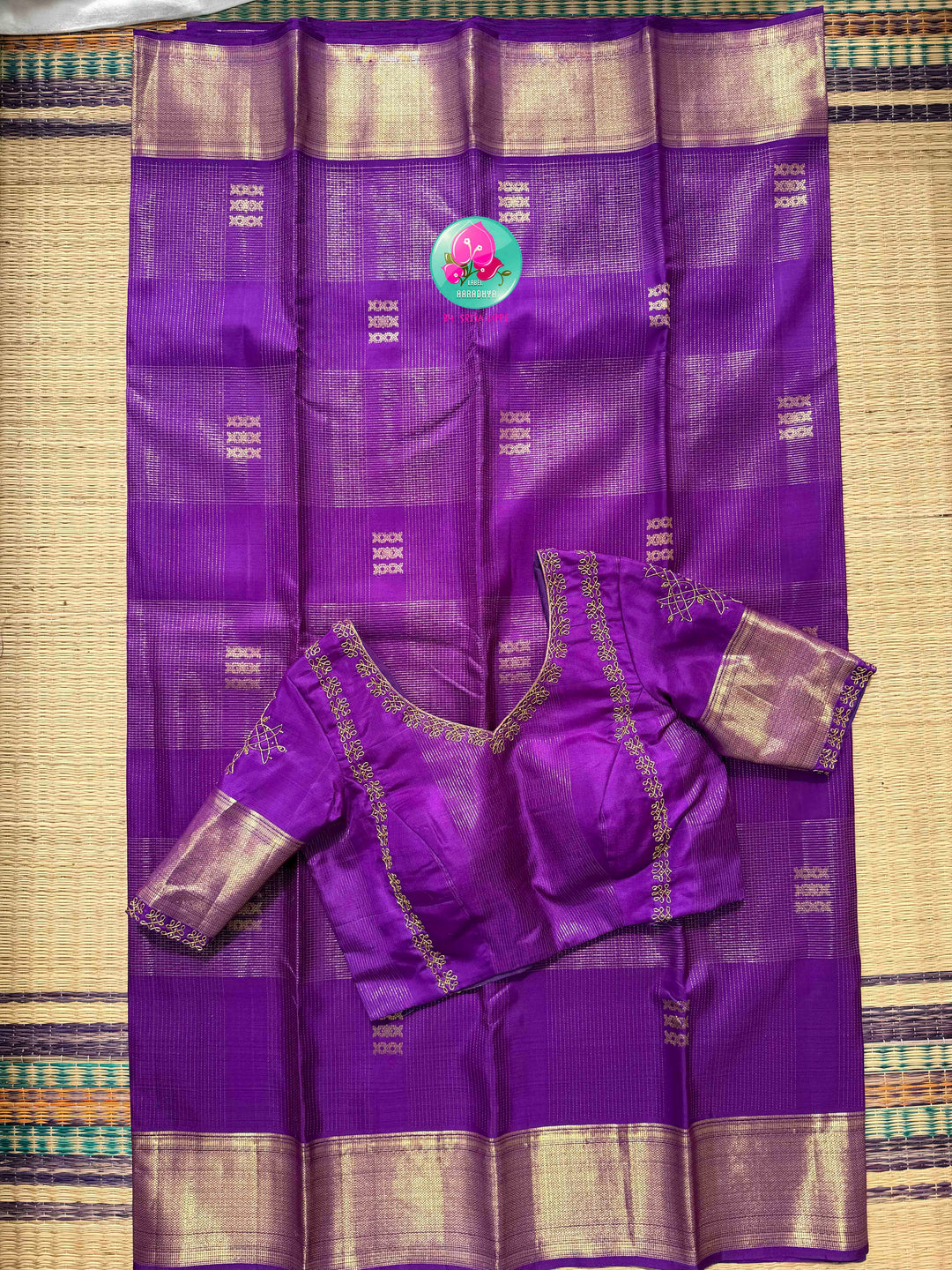 Royal Amethyst: The Purple Vaira Oosi Kanchipattu & Kolam Hand Embroidery Symphony