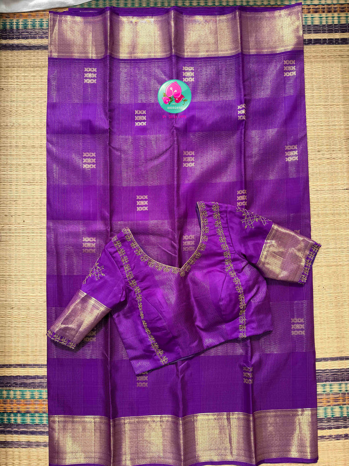 Royal Amethyst: The Purple Vaira Oosi Kanchipattu & Kolam Hand Embroidery Symphony