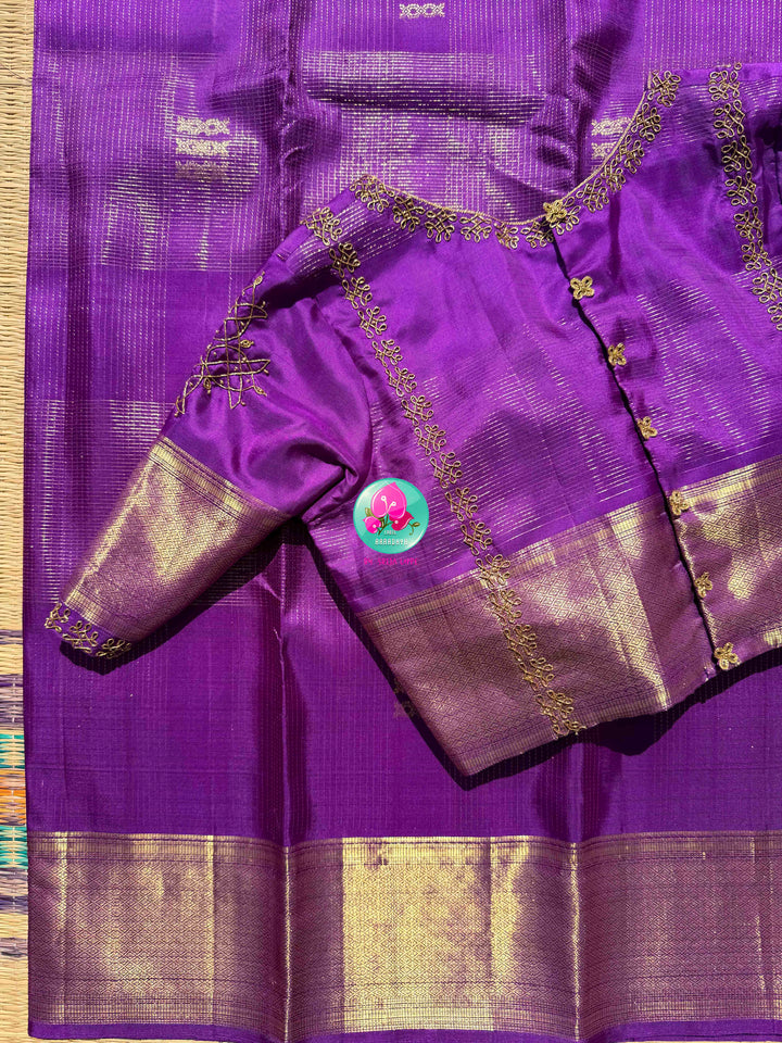 Royal Amethyst: The Purple Vaira Oosi Kanchipattu & Kolam Hand Embroidery Symphony