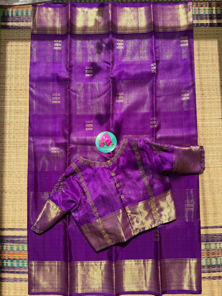 Royal Amethyst: The Purple Vaira Oosi Kanchipattu & Kolam Hand Embroidery Symphony