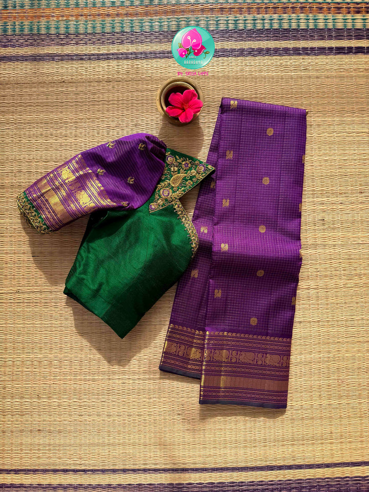 Royal Regal Fusion: Purple 2G Zari Vaira Oosi Check Butta Saree & Emerald Fusion Blouse