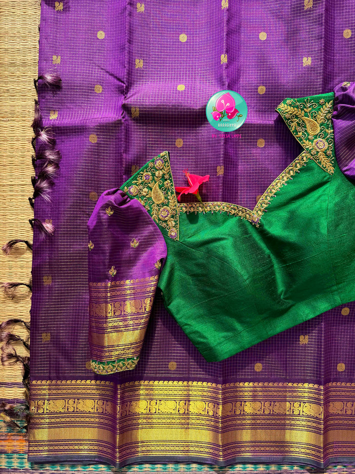 Royal Regal Fusion: Purple 2G Zari Vaira Oosi Check Butta Saree & Emerald Fusion Blouse