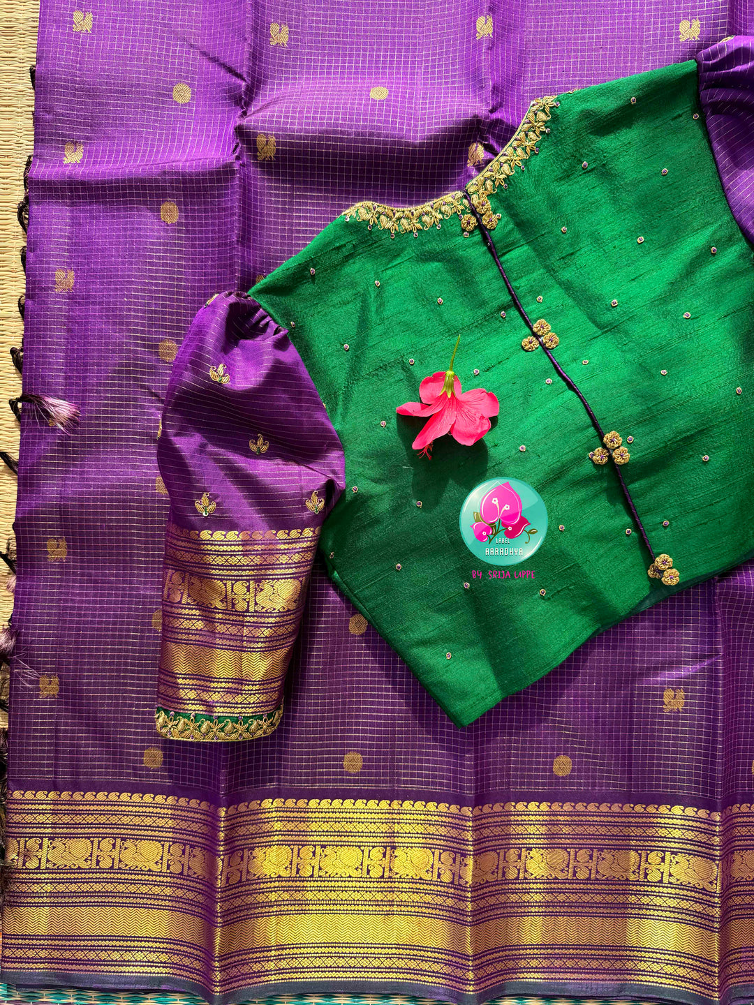 Royal Regal Fusion: Purple 2G Zari Vaira Oosi Check Butta Saree & Emerald Fusion Blouse