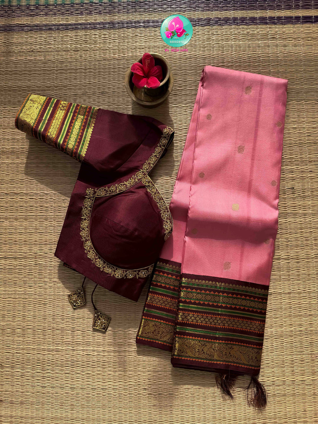 Rose Quartz & Espresso: Onion Pink Pure Kanchi Silk Saree with Dark Brown Fusion