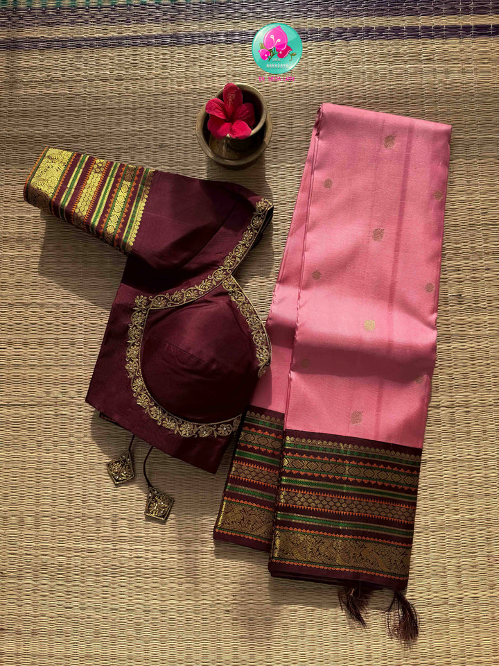 Rose Quartz & Espresso: Onion Pink Pure Kanchi Silk Saree with Dark Brown Fusion