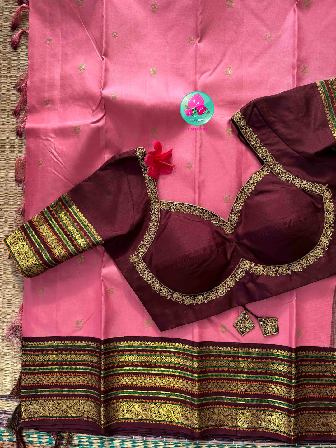 Rose Quartz & Espresso: Onion Pink Pure Kanchi Silk Saree with Dark Brown Fusion