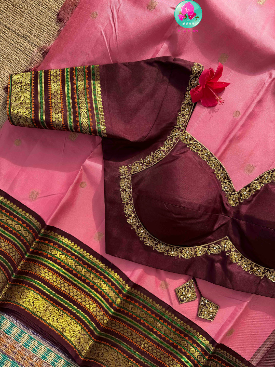 Rose Quartz & Espresso: Onion Pink Pure Kanchi Silk Saree with Dark Brown Fusion