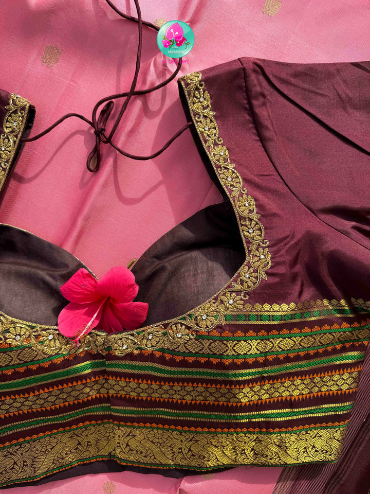 Rose Quartz & Espresso: Onion Pink Pure Kanchi Silk Saree with Dark Brown Fusion