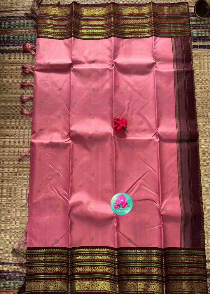 Rose Quartz & Espresso: Onion Pink Pure Kanchi Silk Saree with Dark Brown Fusion