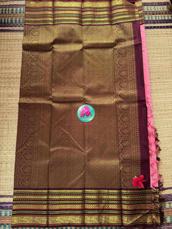 Rose Quartz & Espresso: Onion Pink Pure Kanchi Silk Saree with Dark Brown Fusion