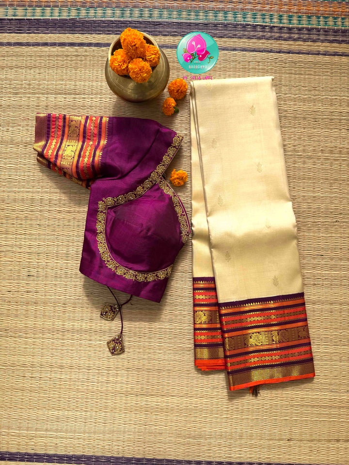 Regal Pearl & Imperial Wine: Creamish Off-White Pure Kanchi Silk Saree
