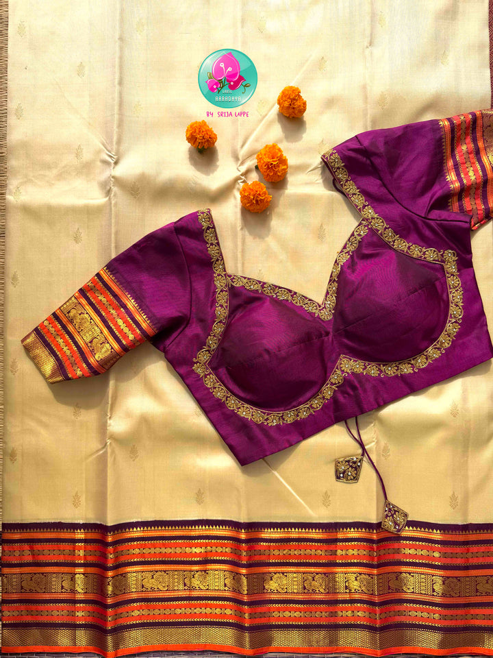 Regal Pearl & Imperial Wine: Creamish Off-White Pure Kanchi Silk Saree
