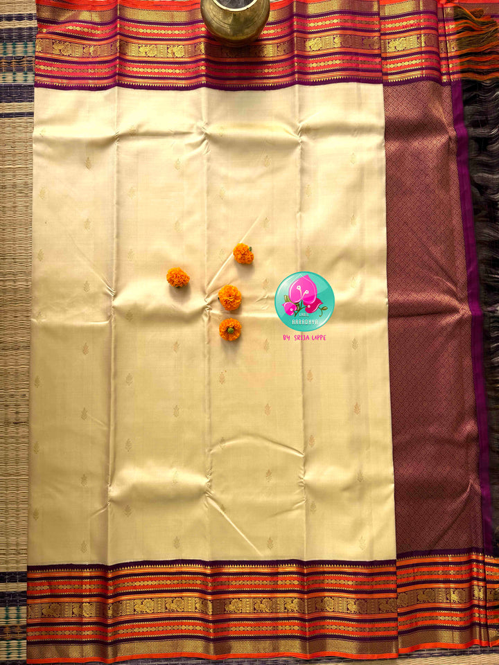 Regal Pearl & Imperial Wine: Creamish Off-White Pure Kanchi Silk Saree