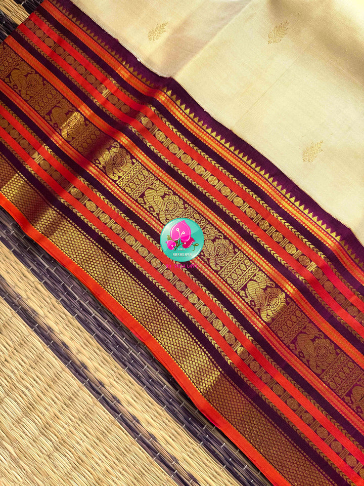 Regal Pearl & Imperial Wine: Creamish Off-White Pure Kanchi Silk Saree