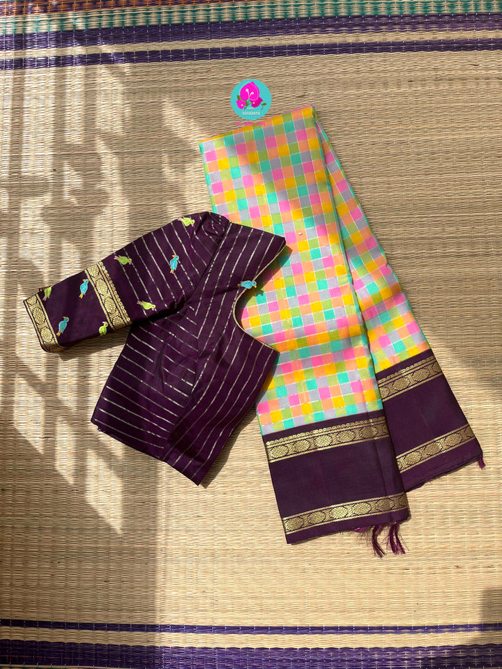 2g Zari multicoloured Madras checks paired with hand-embroidered bird theme blouse