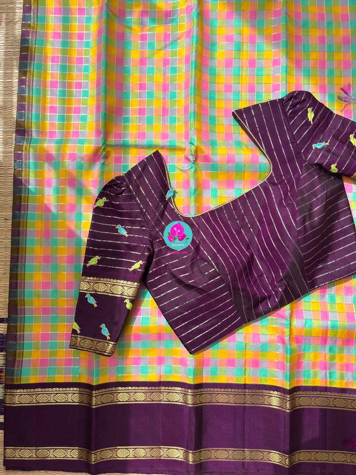 2g Zari multicoloured Madras checks paired with hand-embroidered bird theme blouse
